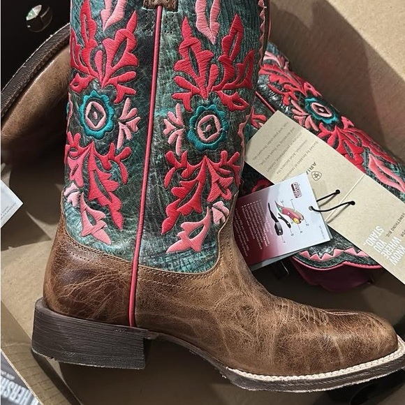 Ariat Shoes - Ariat Brown and Teal Heeled Boots with Pink Embroidery